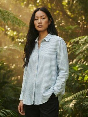 Uniqlo Women Blue Stripes White 100% Linen Collared Button Up Long Sleeve Top S